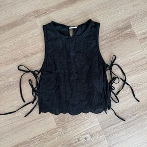 Free People Black Embroidered Tie-Side Crop Top